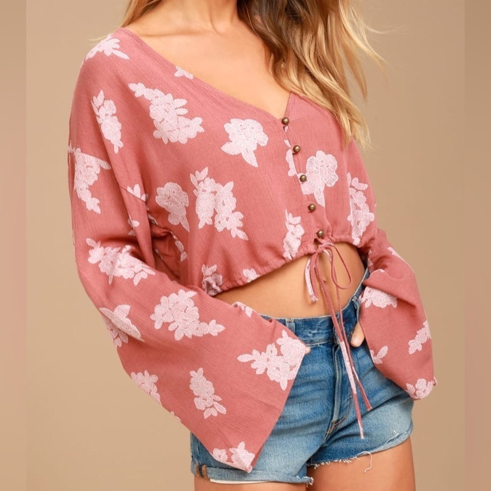 Lulu’s Garden Delight Rusty Rose Floral Print Long Sleeve V-Neck Women’s Large